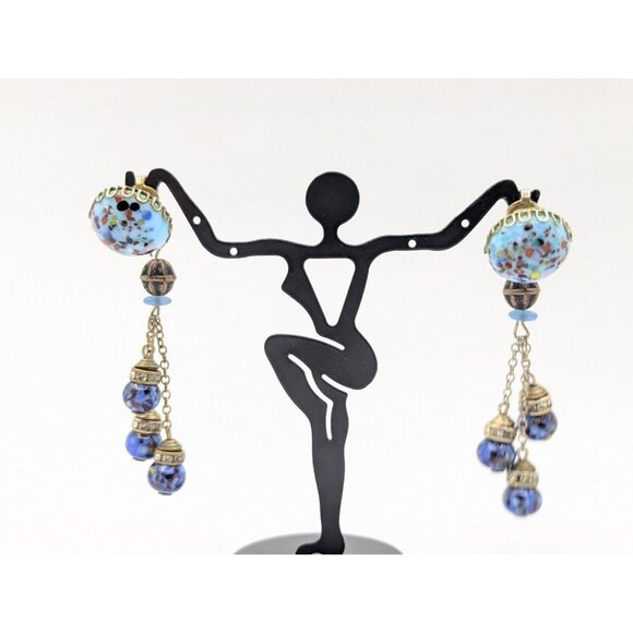 Vtg Beaded Faux Art Glass Rhinestone Dangle Drop Earrings By Kramer Of NY 3" HTF - Picture 1 of 16